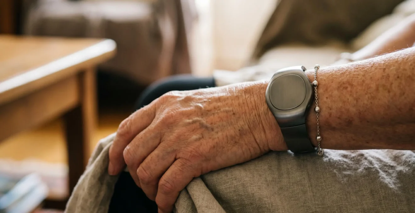Main de senior portant un bracelet de téléassistance élégant et discret au design moderne