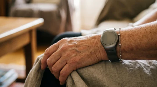 Main de senior portant un bracelet de téléassistance élégant et discret au design moderne