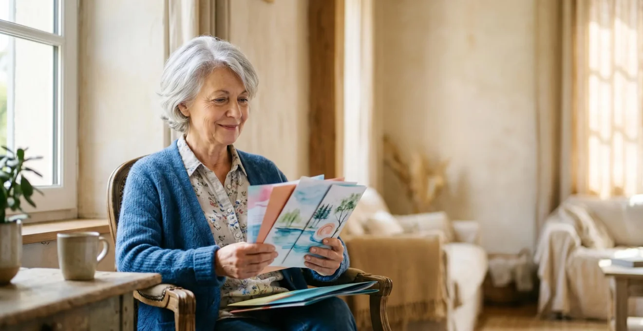 Senior consultant une brochure de station thermale dans un environnement calme et lumineux