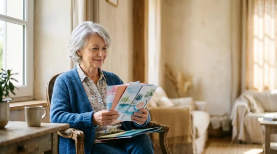 Senior consultant une brochure de station thermale dans un environnement calme et lumineux