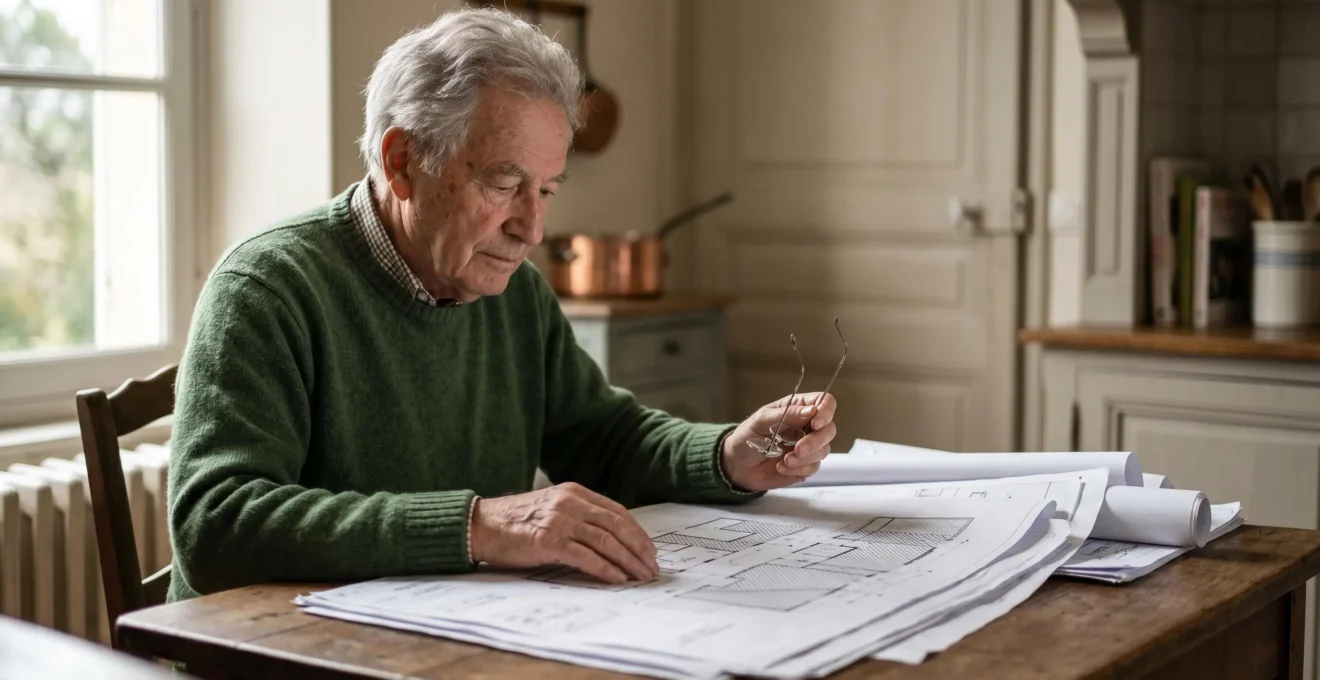 Personne senior examinant attentivement des documents techniques relatifs à son projet d'adaptation de logement dans un environnement domestique français