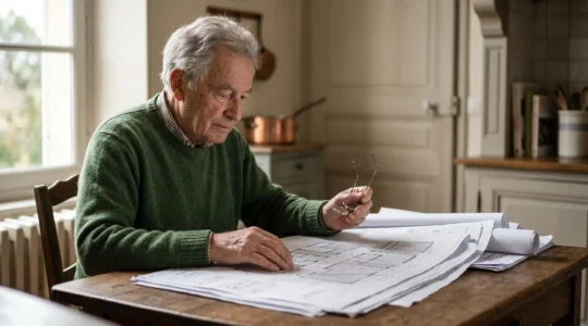 Personne senior examinant attentivement des documents techniques relatifs à son projet d'adaptation de logement dans un environnement domestique français