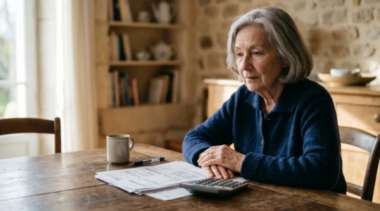 Senior français consultant ses documents d'hospitalisation avec préoccupation financière