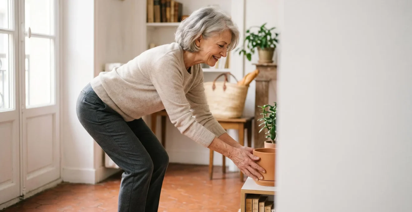 Senior actif réalisant des gestes quotidiens de façon ergonomique dans un environnement domestique français sécurisé