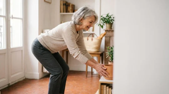 Senior actif réalisant des gestes quotidiens de façon ergonomique dans un environnement domestique français sécurisé