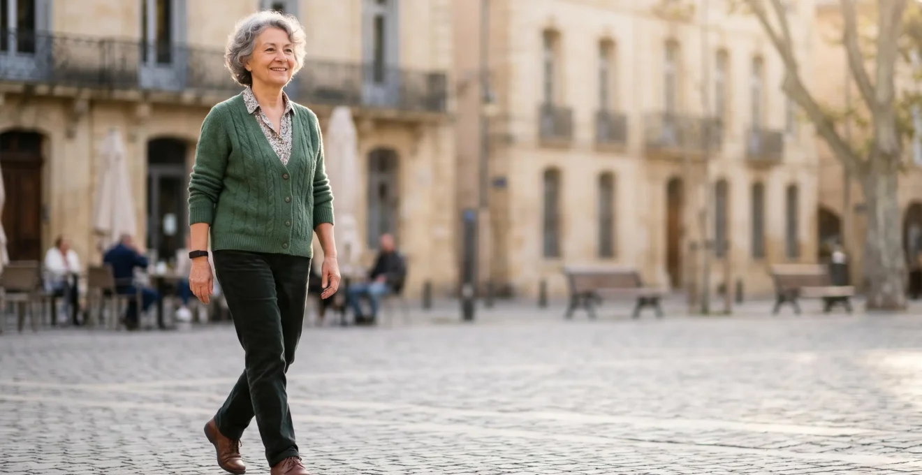 Senior actif portant un dispositif de téléassistance moderne lors d'une promenade quotidienne en milieu urbain français