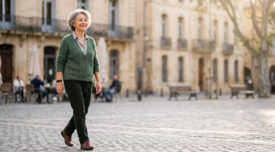 Senior actif portant un dispositif de téléassistance moderne lors d'une promenade quotidienne en milieu urbain français