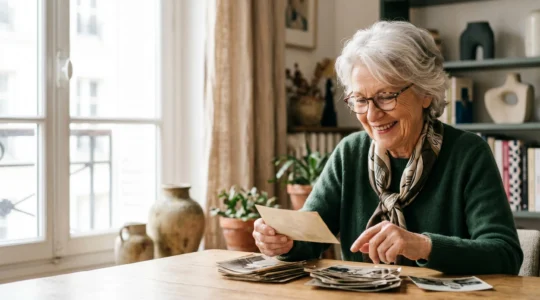Senior portant des lunettes progressives souriant dans un environnement lumineux et confortable