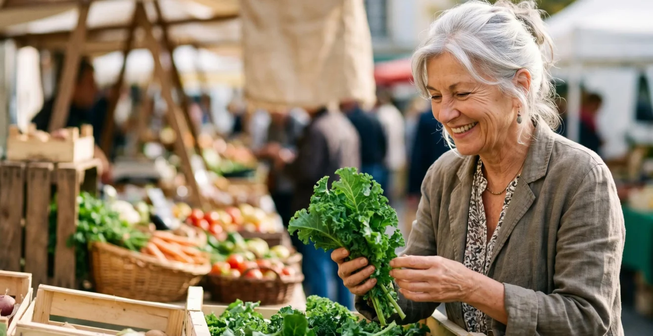 Senior souriant choisissant des légumes frais biologiques sur un marché local français