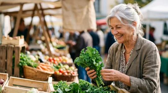 Senior souriant choisissant des légumes frais biologiques sur un marché local français