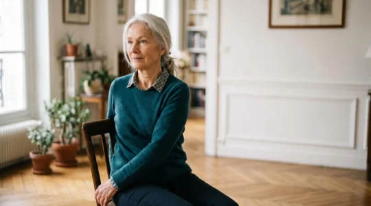 Senior actif pratiquant un mouvement de mobilisation douce dans un environnement lumineux et apaisant