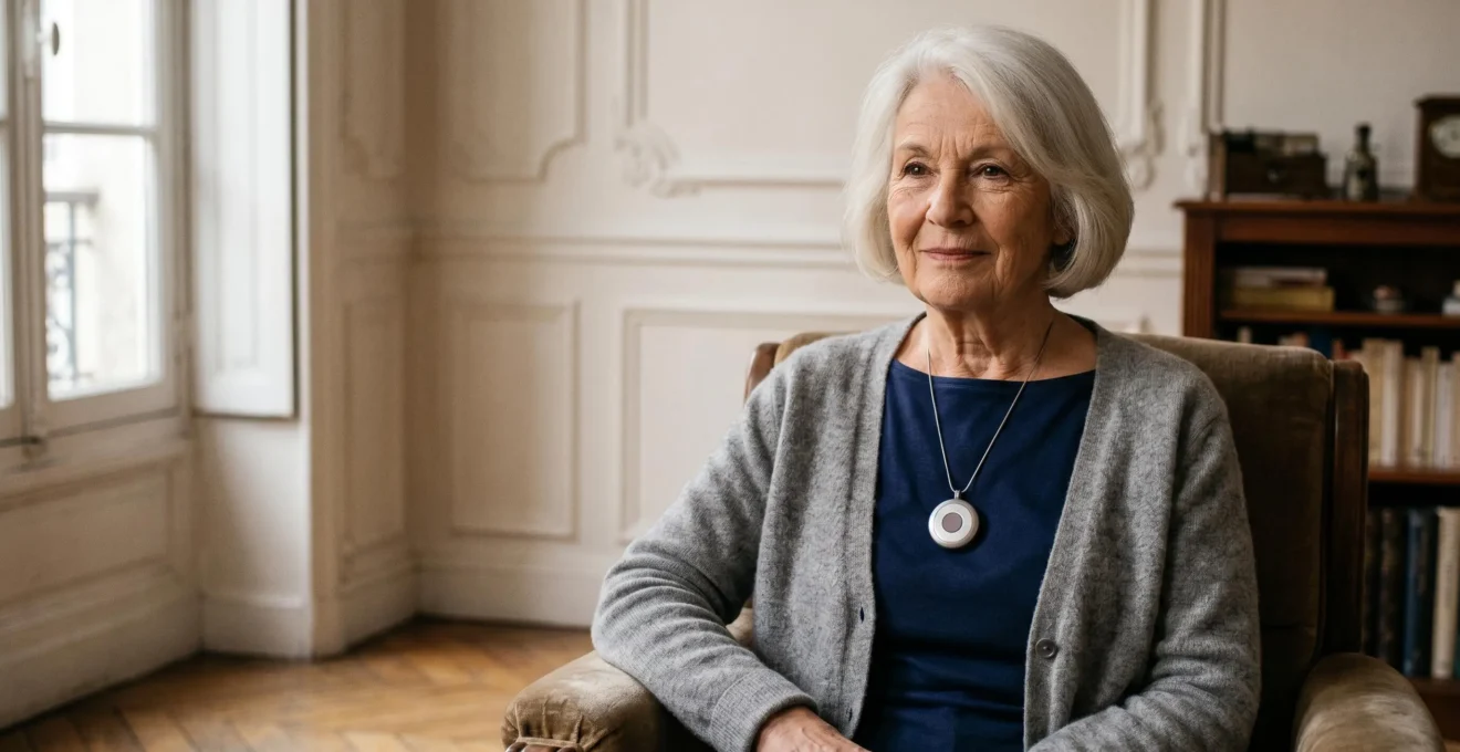 Senior portant discrètement un collier de téléassistance à son domicile, dans un environnement français chaleureux et sécurisé