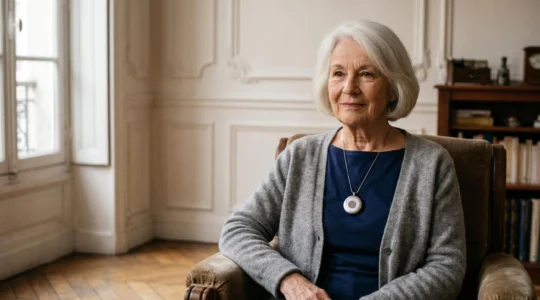 Senior portant discrètement un collier de téléassistance à son domicile, dans un environnement français chaleureux et sécurisé