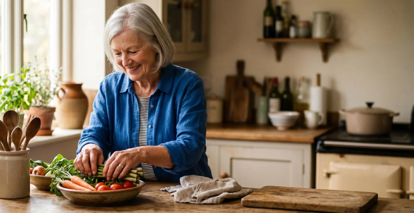 Personne âgée dans sa cuisine lumineuse préparant son repas avec sérénité