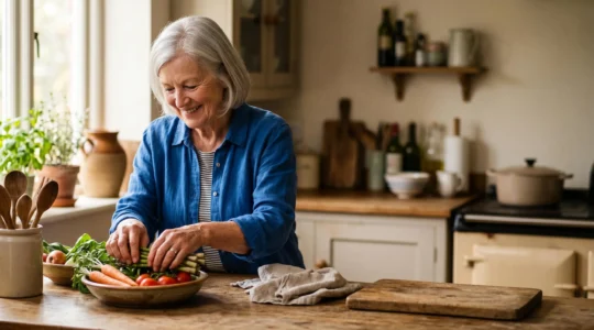 Personne âgée dans sa cuisine lumineuse préparant son repas avec sérénité