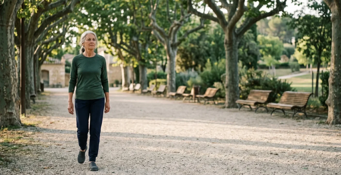 Senior actif pratiquant une activité physique douce en plein air dans un environnement français