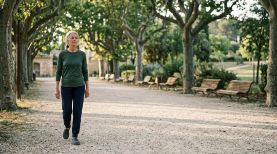 Senior actif pratiquant une activité physique douce en plein air dans un environnement français