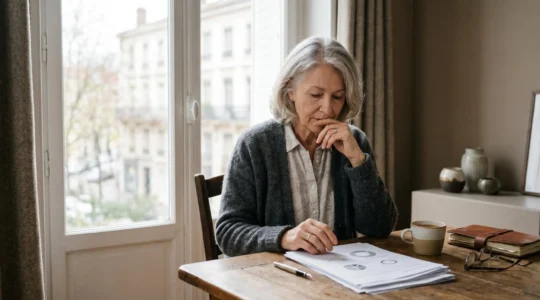 Personne senior consultant des documents de santé dans un environnement lumineux et serein