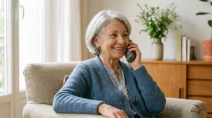 Senior utilisant un téléphone pour contacter son assurance santé en France