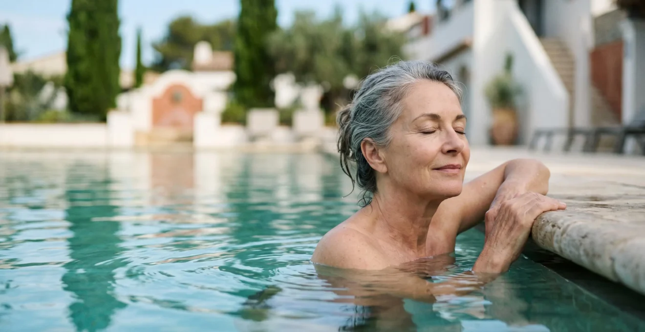 Personne senior profitant d'un bain thermal apaisant dans un environnement marin serein