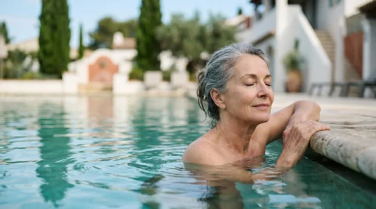 Personne senior profitant d'un bain thermal apaisant dans un environnement marin serein