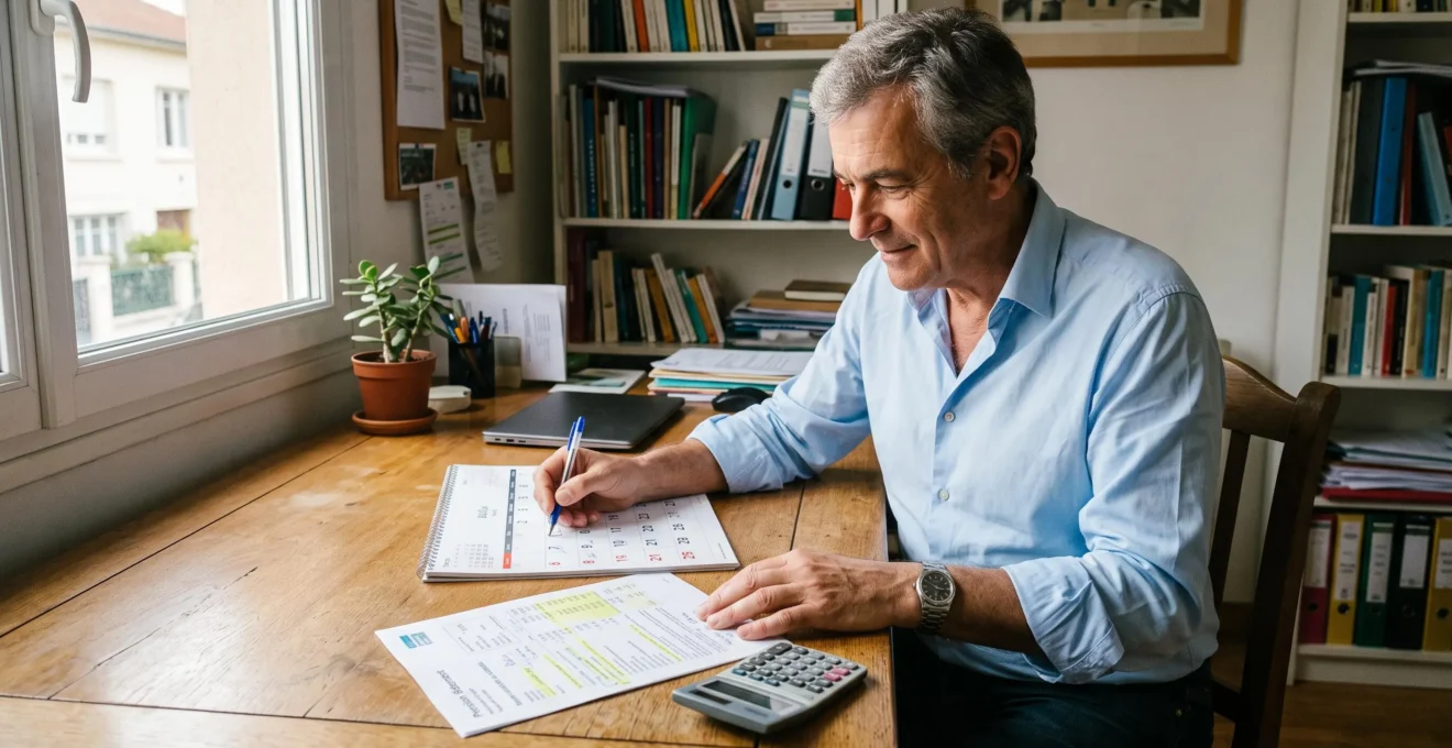 Un cadre quinquagénaire compare son relevé de retraite et un calendrier à son bureau.