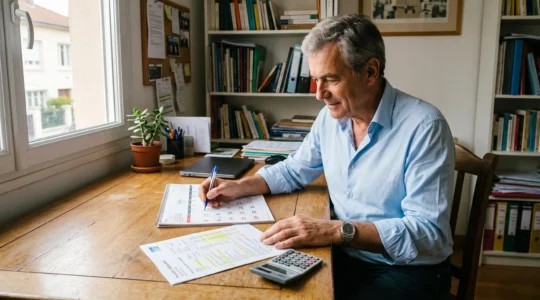 Un cadre quinquagénaire compare son relevé de retraite et un calendrier à son bureau.