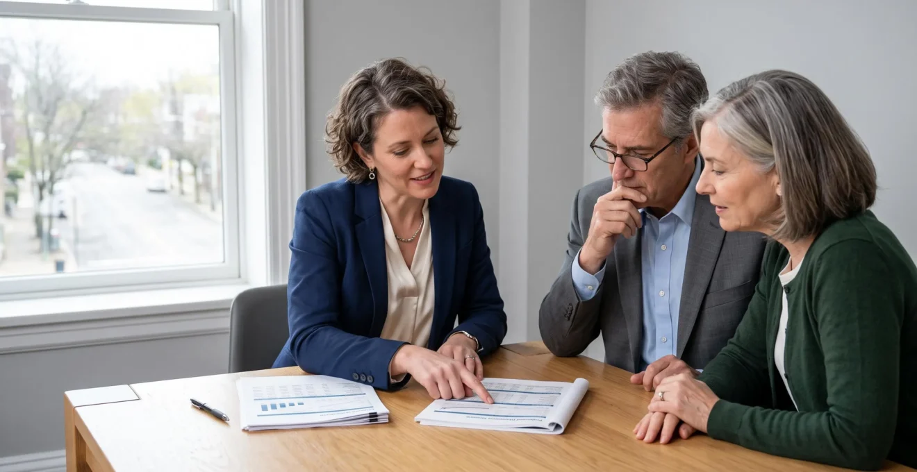 Une conseillère présente des simulations de retraite imprimées à un couple de cadres.